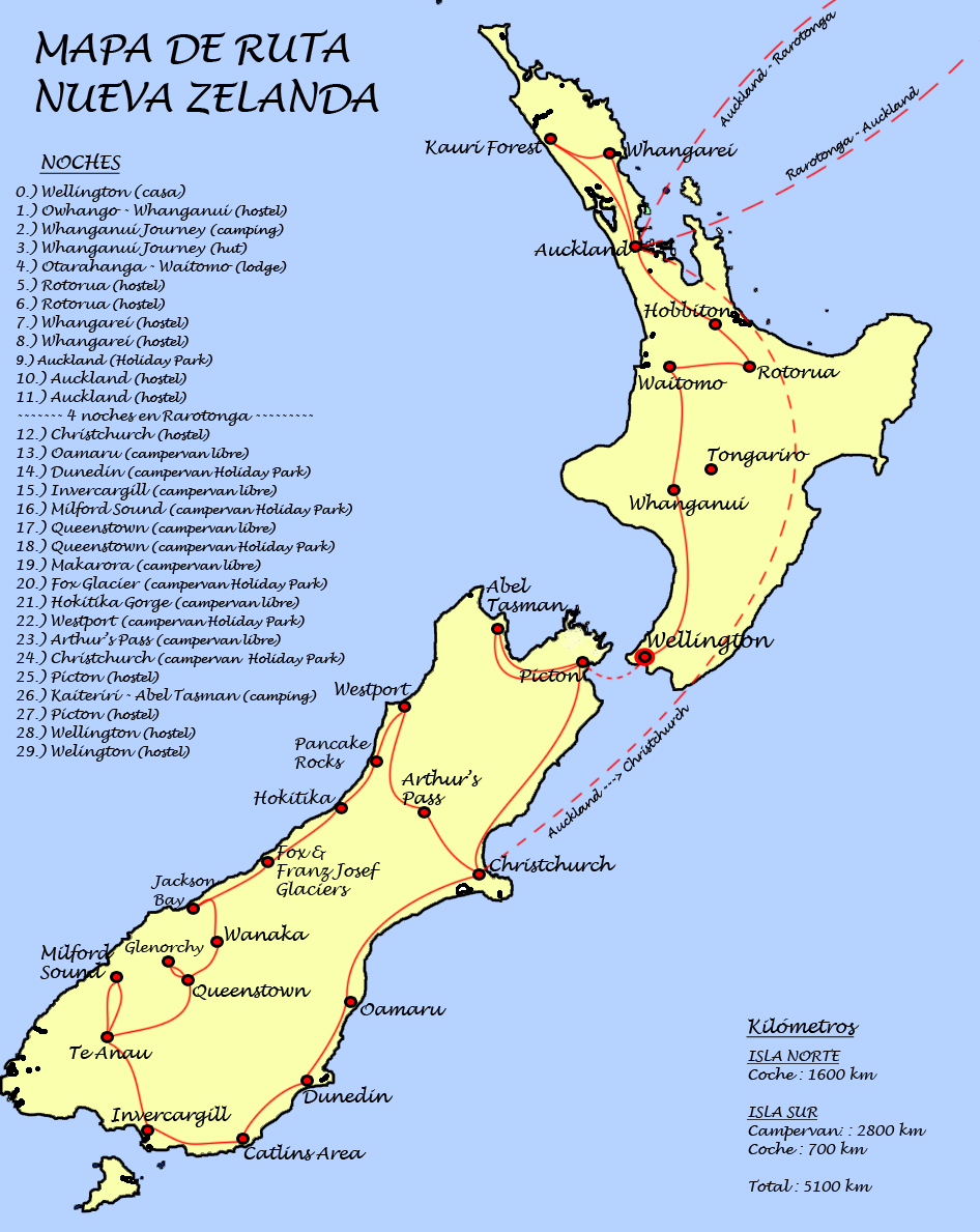 Mapa Ruta Nueva Zelanda